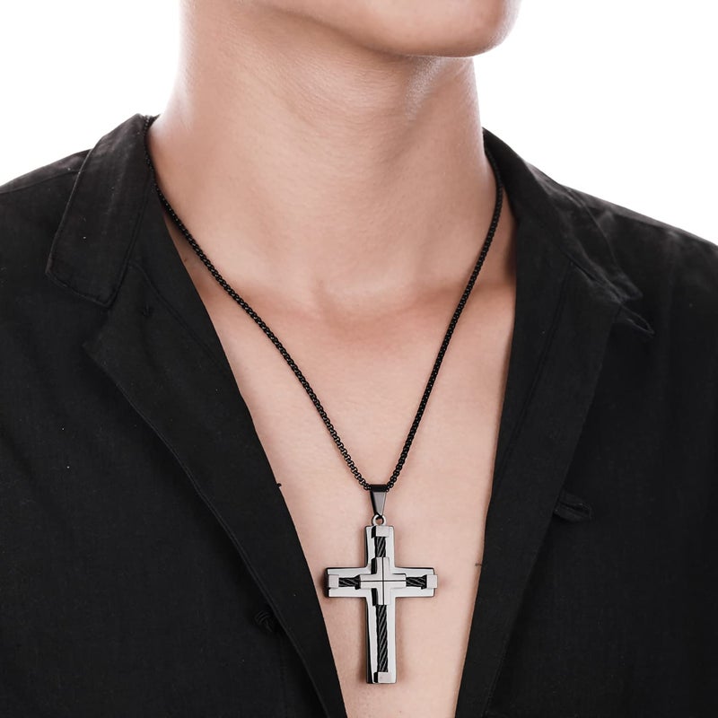 Yonhon Men's Cross Necklace for Men Black - Image 5